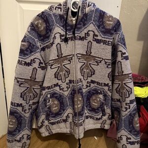 Supreme Blue and Gray Graphic Bomber Jacket
